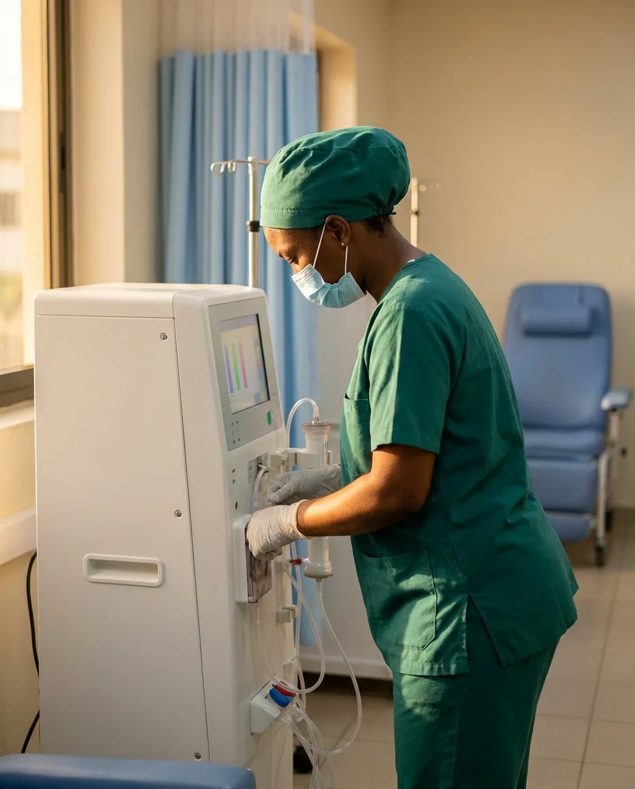Illustration of a masked nurse in green scrubs preparing a dialysis machine.