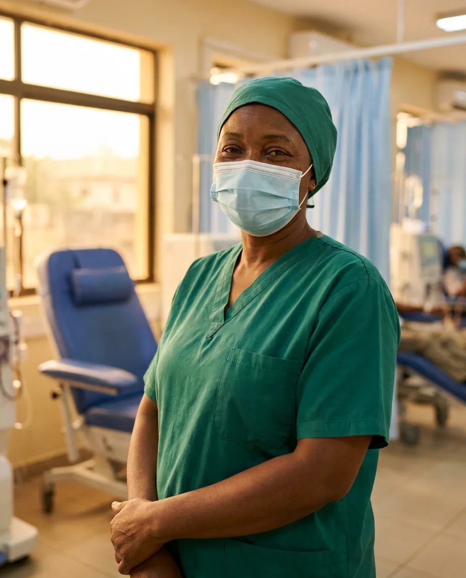 Illustration of a masked nurse in green scrubs standing in a warm dialysis ward.