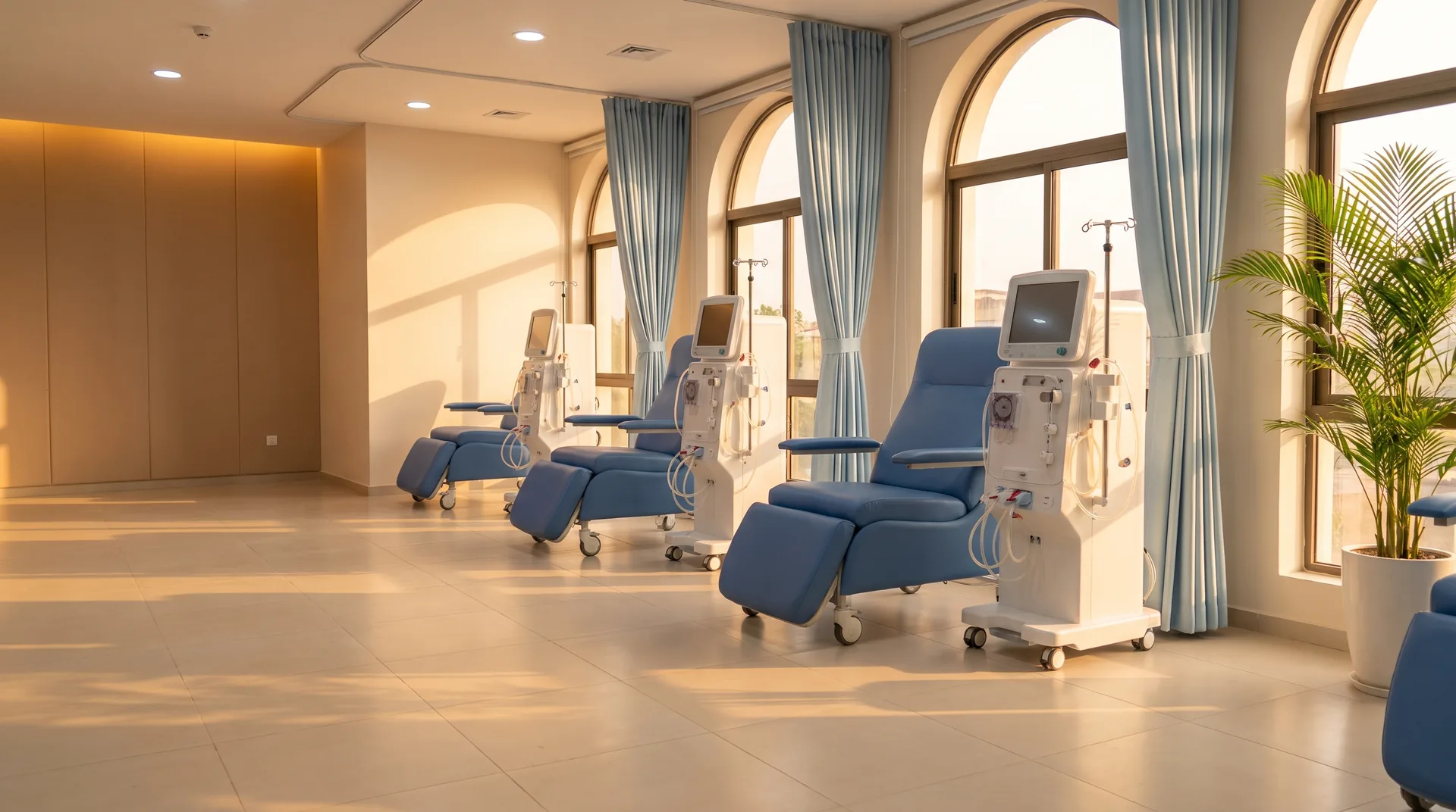 Illustration of a treatment ward like Pioneer's: blue reclining chairs and dialysis machines beside tall windows at golden hour.