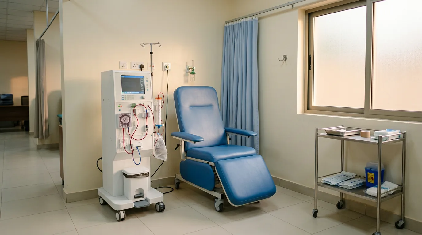 Illustration of a treatment bay like Pioneer's: a dialysis machine beside a blue reclining chair.