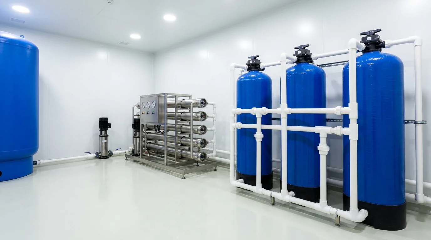 Illustration of a dialysis water treatment room: blue filtration vessels and a reverse-osmosis skid.